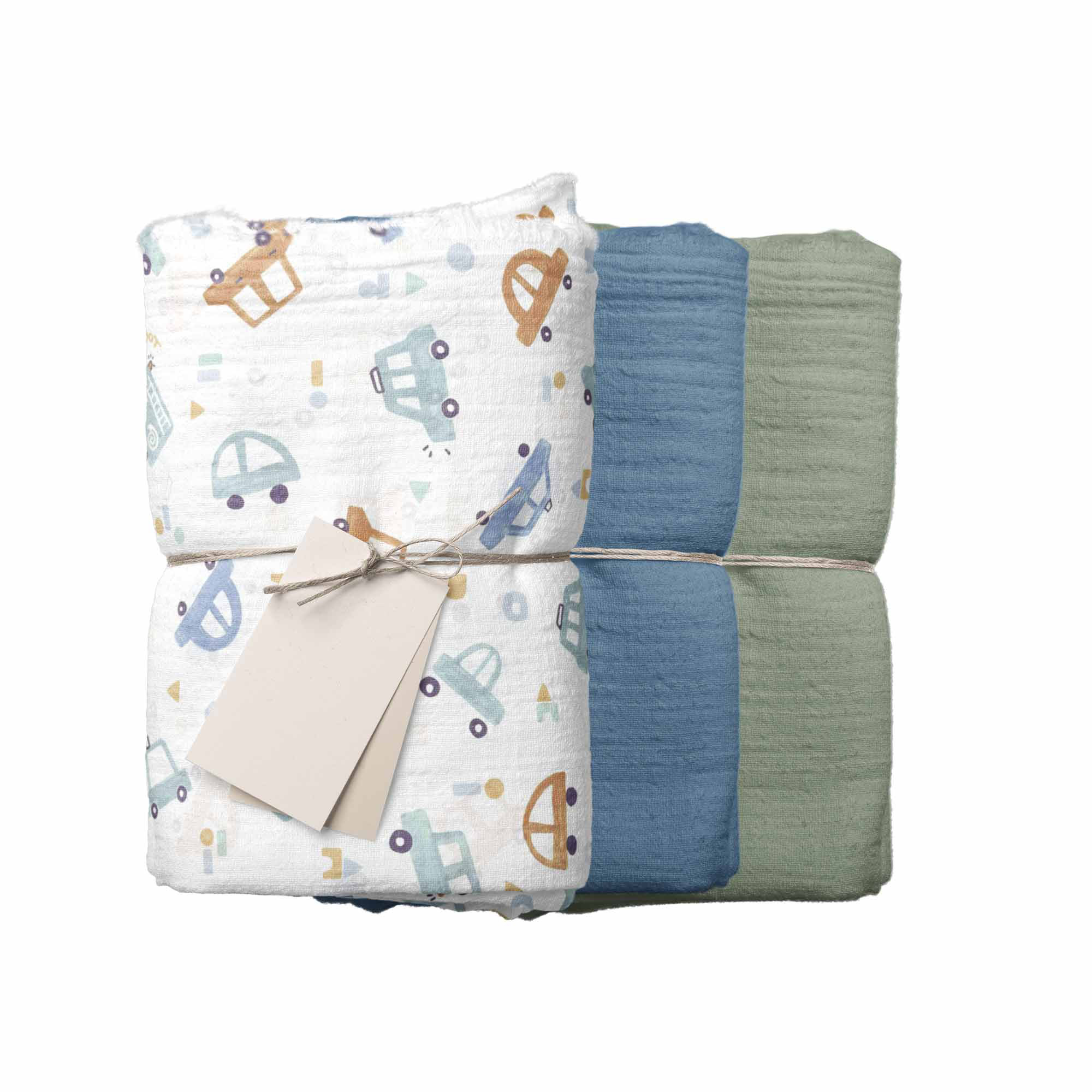 Swaddle Small in mussola di cotone organico SET 3 pezzi fantasia auto + denim + rosmarino