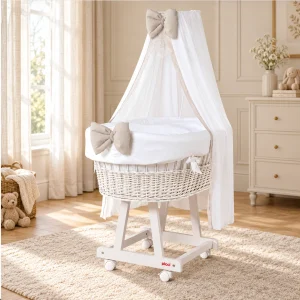 Culla Baby Miss completa di struttura con rivestimento colore Bianco e fiocco Tortora in raso di cotone