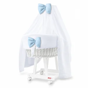 Culla Baby Miss completa di struttura con rivestimento colore Bianco e fiocco Azzurro in raso di cotone